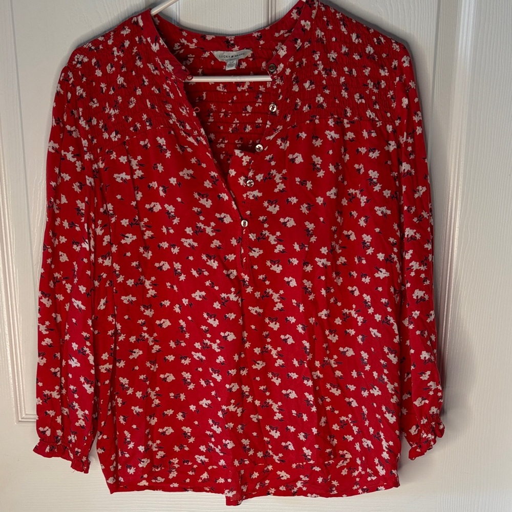 Lucky Brand Boho Red White and Blue USA Floral Button-Up Blouse Size S